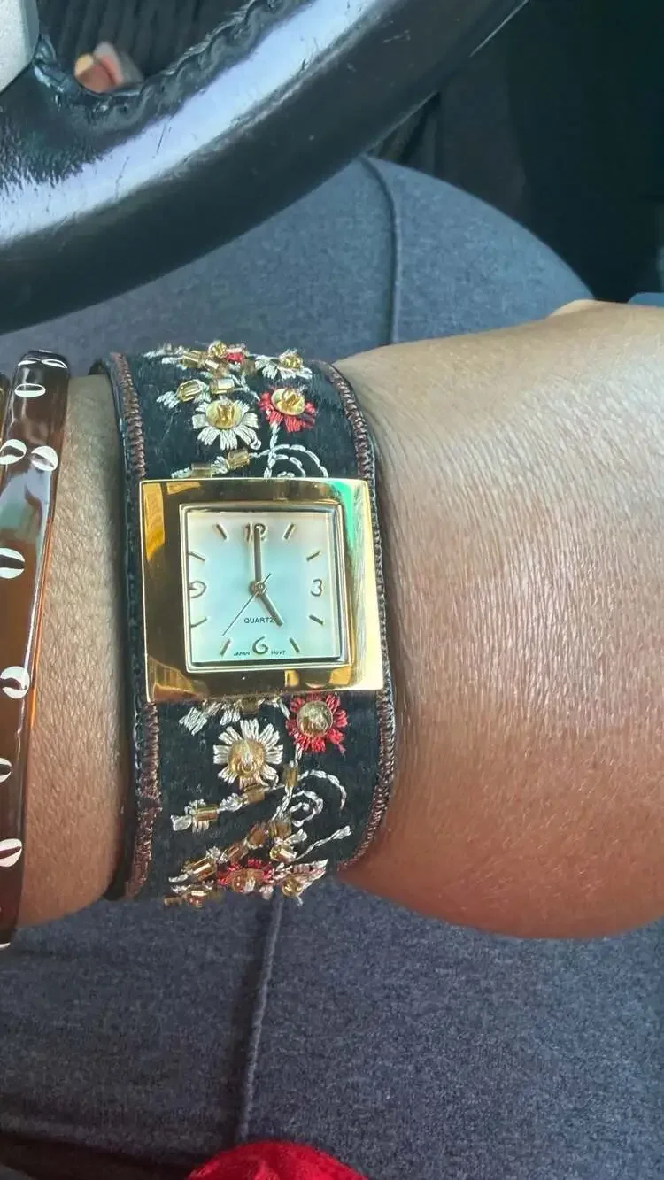 Vintage Avon Boho Floral Embroidered Wide Cuff Watch Beaded Sequined Square Gold